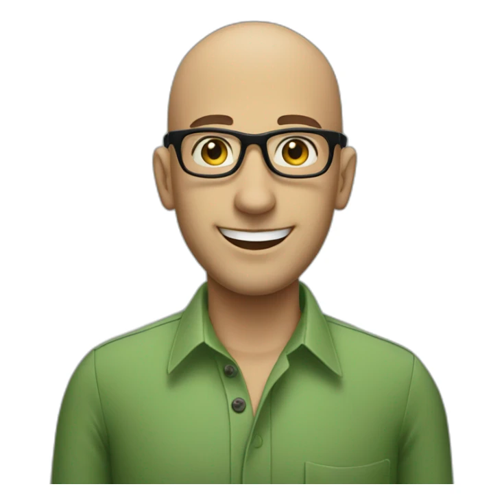 smiling jewish man with shaved head in rectangular black glasses and green button up shirt sticker