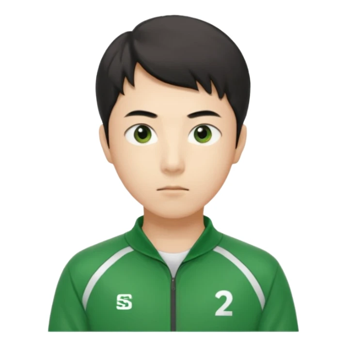 Illustrate Cho Sang-woo (Player 218) in green tracksuit with sharp, calculating gaze. sticker