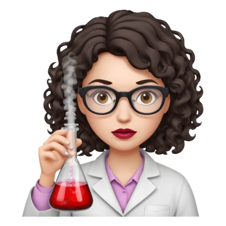 A crazy female scientist, with curly-wavy dark brown medium lenght hair, brown eyes and light grey glasses and pale skin and pinkish lips, dressed to look like an english teacher but in neutral tones like grey black white, maybe with the pop of dark red, she should look slighltly mad/crazy sticker