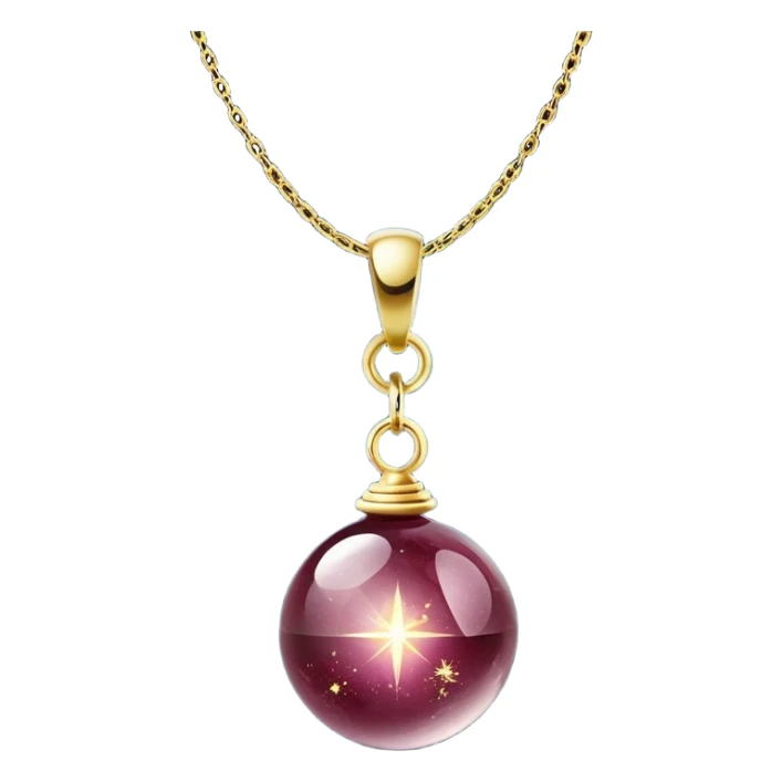 A polished round ball wine granite pendant suspended from a delicate gold chain, like a drop of enchanted starlight, glowing with the warmth of passion and the quiet power of transformation ethereal floating magical moving around... rebirth moving chain sticker