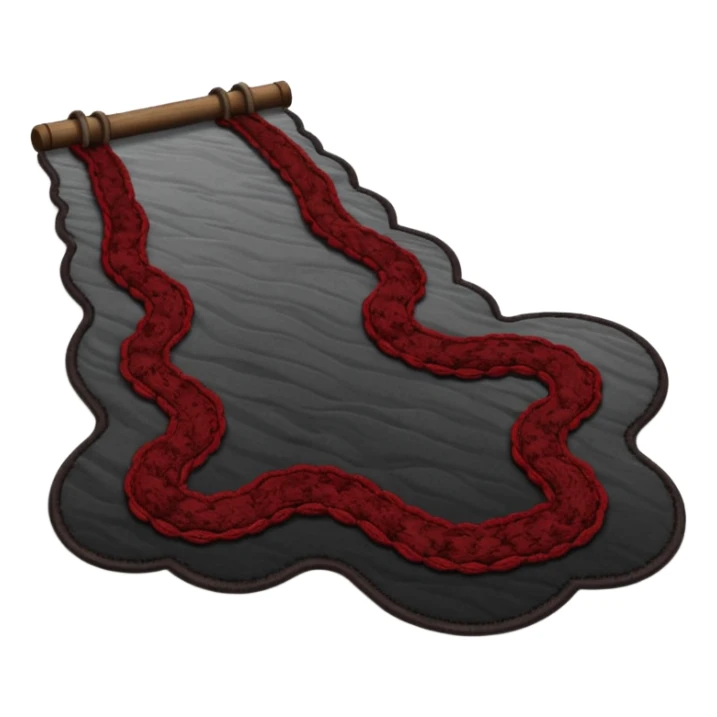 Minimalist emoji-style sticker of a carpet turning into a dark river, murky texture, grayscale and dried blood tones, side ropes in shadow
 sticker