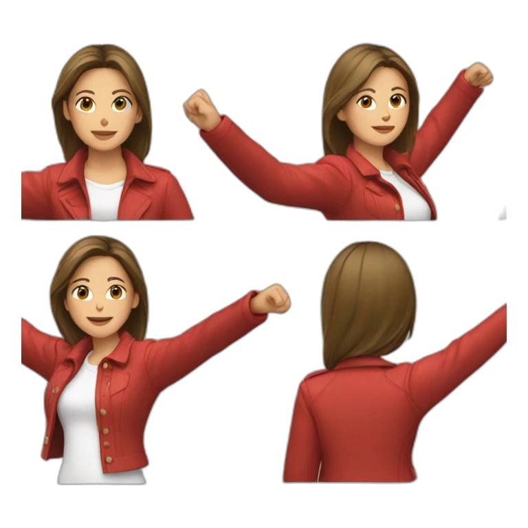 Young woman wearing a white shirt and a red jacket, both hands up sticker