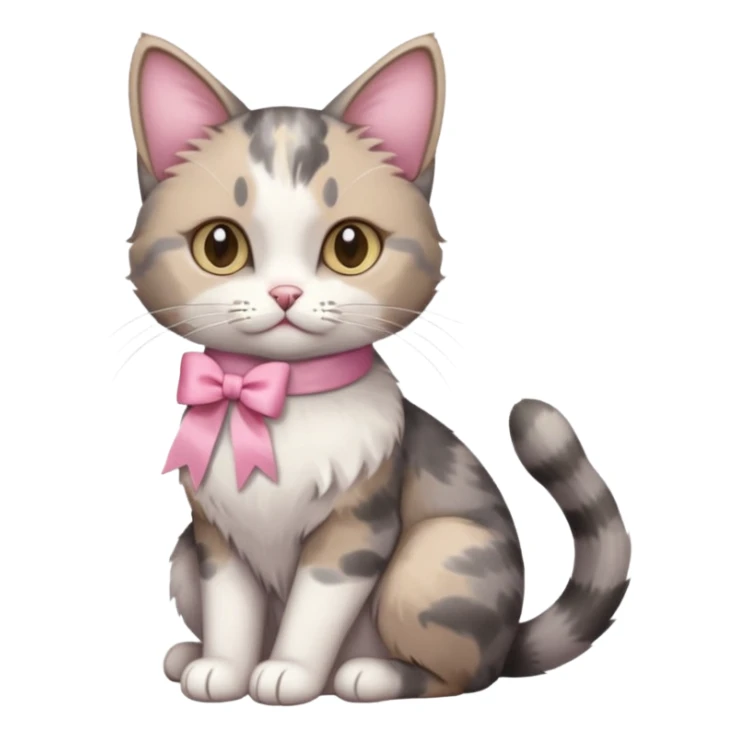 Sitting Dilute grey calico cat with pink ribbon sticker