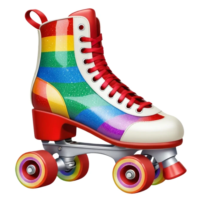 red vintage glitter roller skate with a white leather boot, rainbow stripes glitter sticker