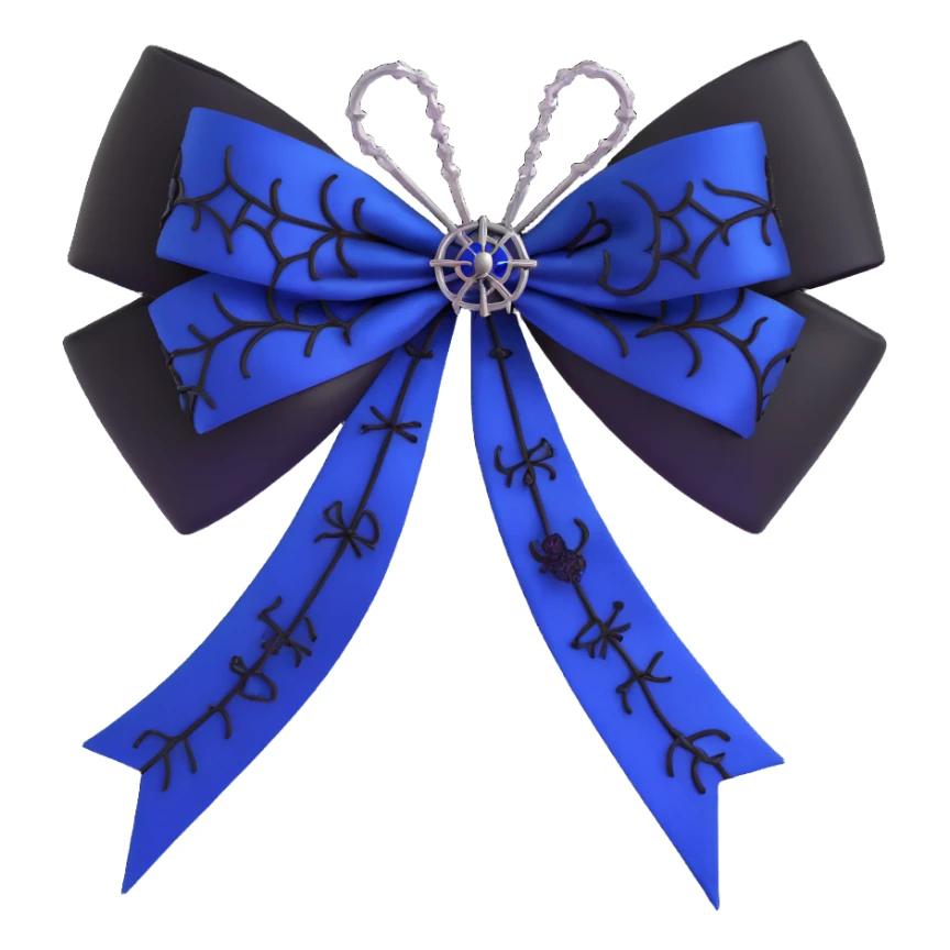 gothic bow, royal blue satin, black lace overlay, silver spiderweb charm, moody and elegant sticker