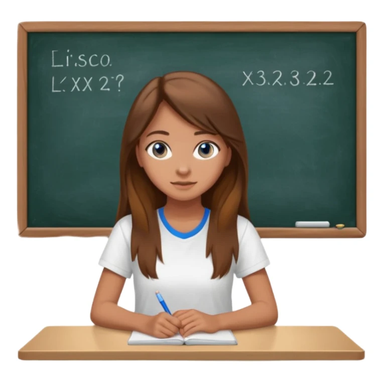 high school class room with a pretty female high school student with long brown hair, blue eyes sitting in front of the blackboard sticker