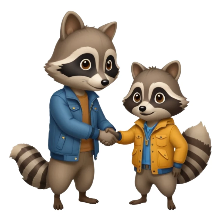 person and racoon standing full body looking at each other and giving a hand shake. cartoon style sticker