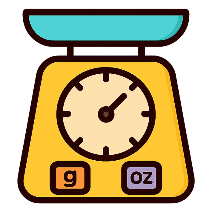 icon for grams to ounces, stylized kitchen scale with metric and imperial weights, color outline style sticker