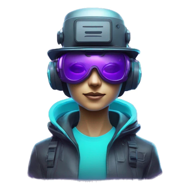 Secret humanoid agent in a futuristic hat with in Apple VR goggles headset code display on the goggles , cyberpunk, cyan and purple colors, only upper body portrait, front facing the camera  sticker