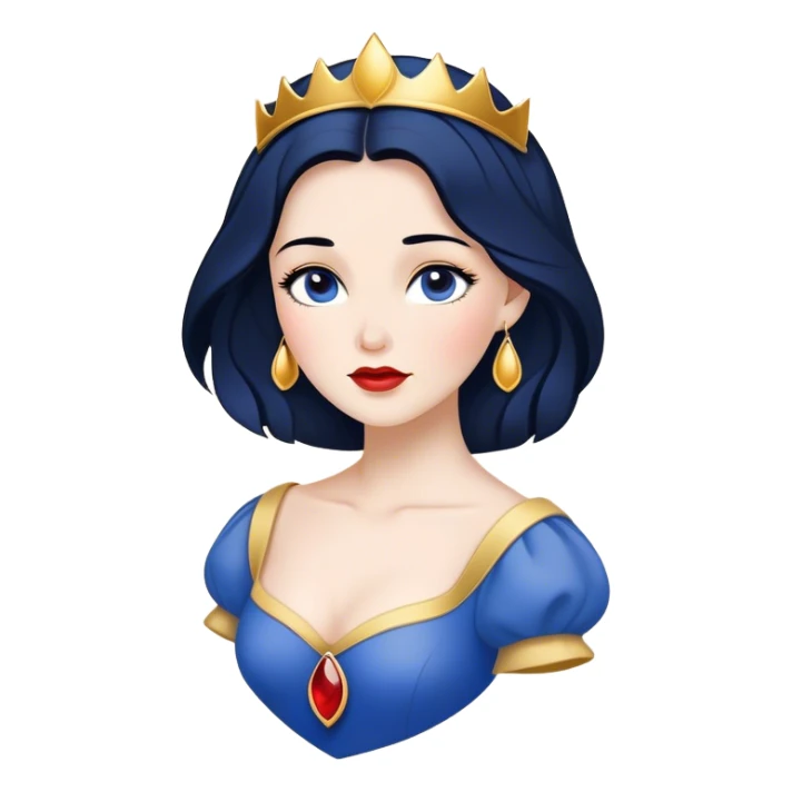 Cinematic Timeless Snow White Portrait Emoji, rendered in a clean, vector style. Depict Snow White with flawless porcelain skin, elegantly styled raven hair, and a serene, graceful expression, dressed in her classic blue and gold ensemble. The design features bold, simplified shapes, a soft, enchanting glow, and a subtle glowing outline, epitomizing pure, timeless beauty. sticker
