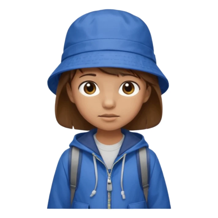 Little student, brown hair, wears blue bucket hat and jacket, backpack, shy sticker