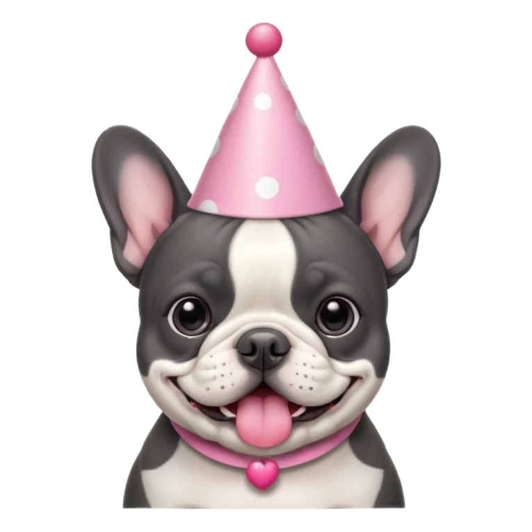 french bulldog with a birthday hat and black and white and grey coloring. please make it emoji style please. also please make the dog have a pink hat sticker