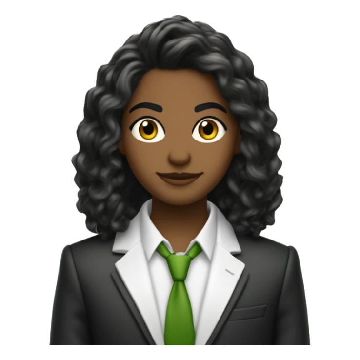 uma jovem de cabelo castanho com mechas loiras sendo o comprimento até os ombros e levemente ondulado.  Olhos verdes, vestindo uma blusa branca com blazer preto, sorrindo e de braços cruzados. sticker