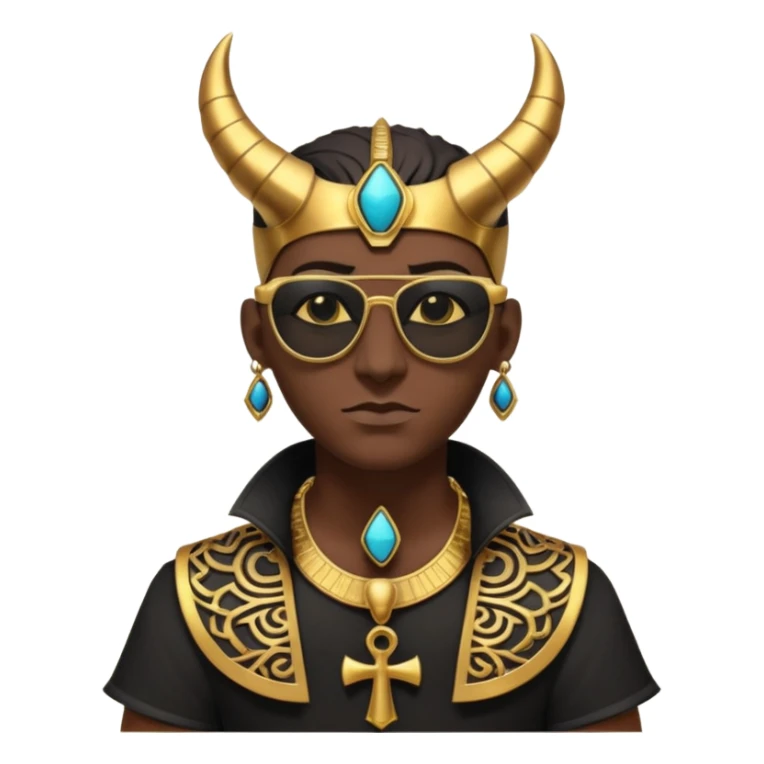 3D cartoon horned character portrait, wearing sunglasses, gothic ancient Egyptian style, pharaoh collar, dark gold and black outfit, ankh symbols, Egyptian jewelry, mysterious expression, soft dramatic lighting, centered, clean background, no text, no watermark sticker