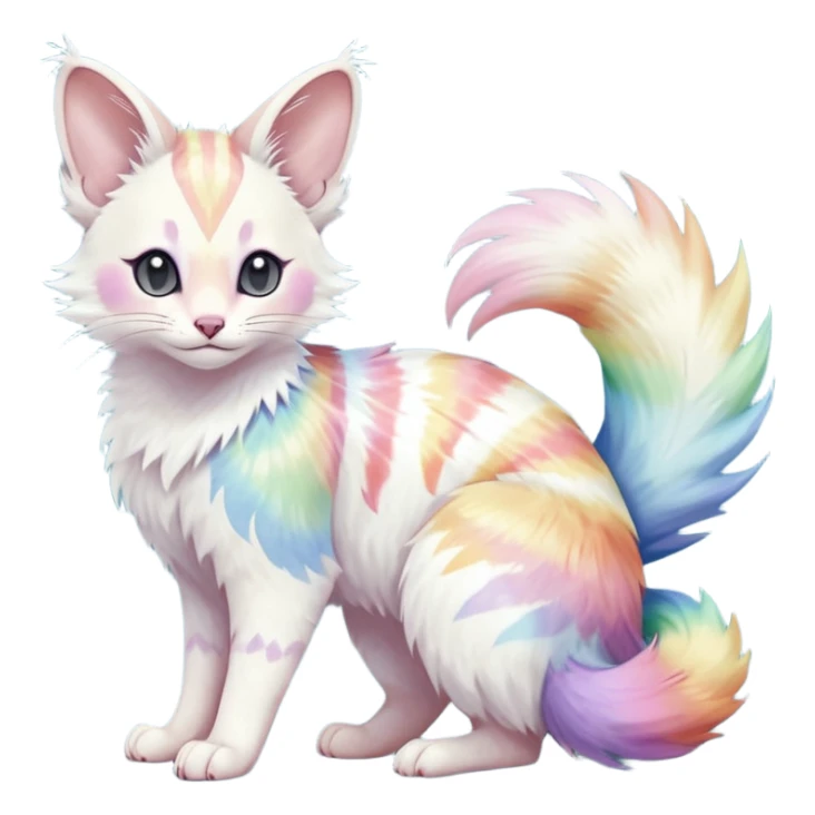  cute adorable pastel-iridescence-gradients albino fur with random colorful iridescent rainbow markings beautiful elegant pretty precious cute  Fakémon-Pokémon-opossum-feline-serval-caracal-chinchilla-Minccino-hybrid-creature with a big fluffy bushy striped tail (full body) sticker