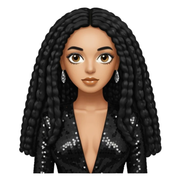 Solange with long black hair, black sequin outfit sticker