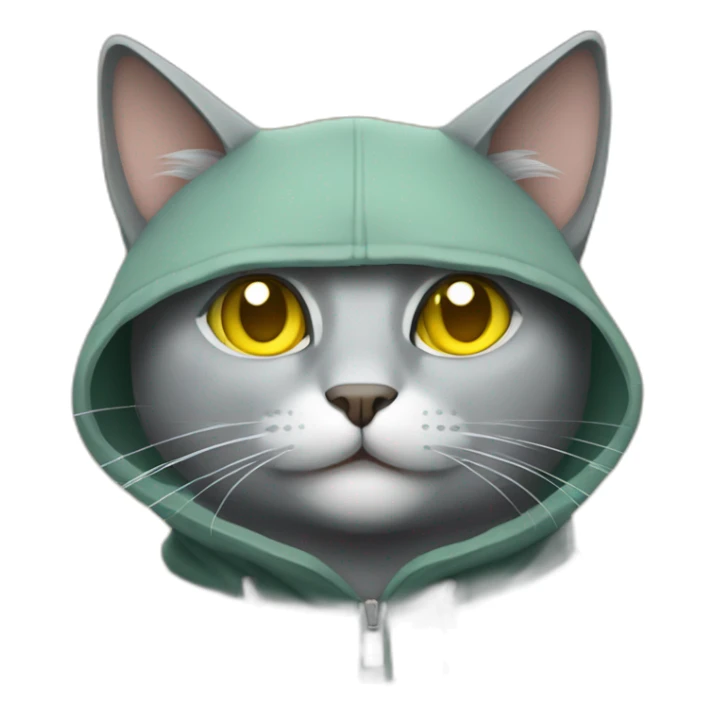 gray cat with yellow eyes and a green hood that smiles sticker