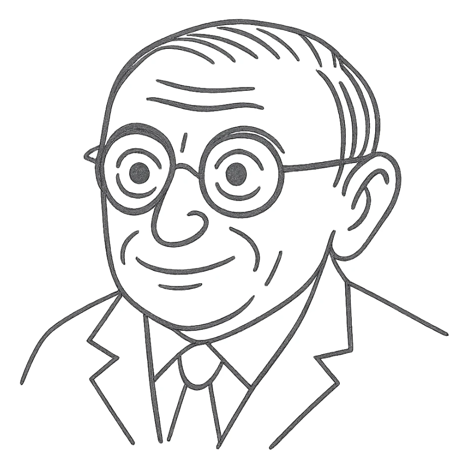 Keep the Jean-Paul Sartre black outline drawing as in the previous version, but ensure the linework is pure black and hand-drawn, not grey. Maintain the neutral smile, round glasses, and transparent background. sticker