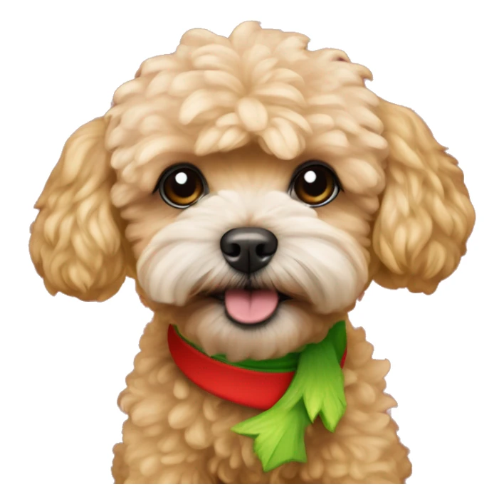 Apricot maltipoo wearing a grinch costume sticker