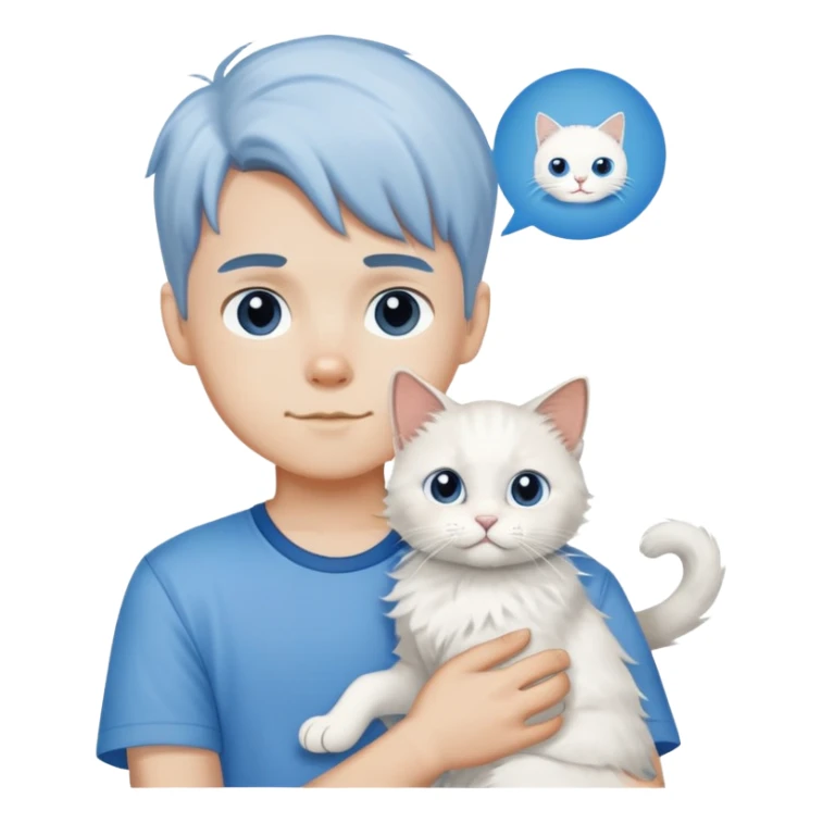 boy wearing blue short sleeve shirt with white ragdoll cat sticker