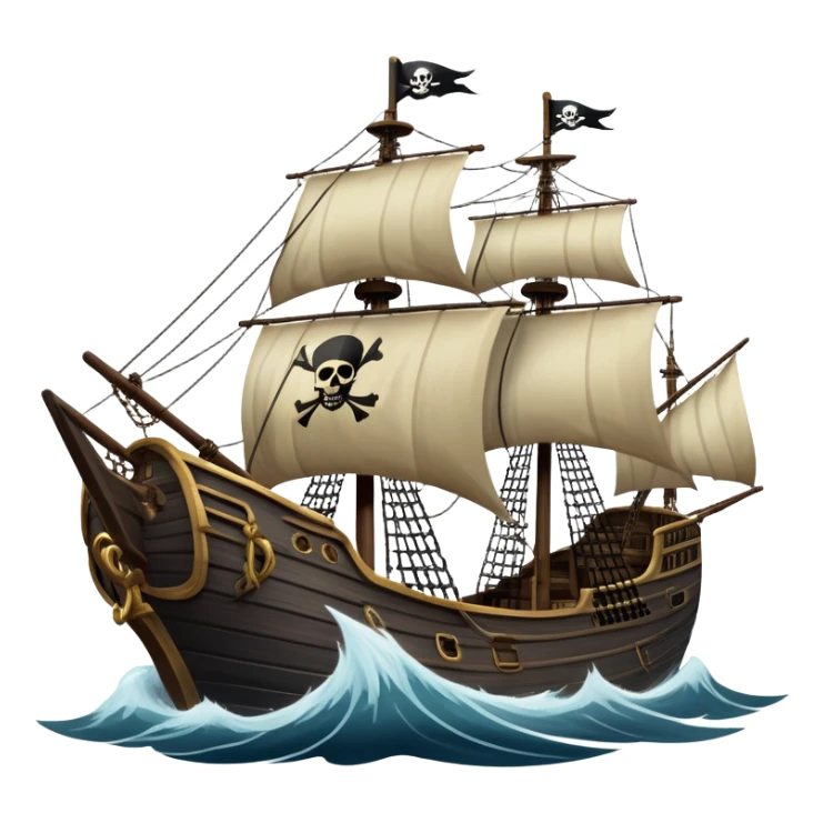 An icon representing an adventure game, inspired by high-seas exploration. The design features a fearless pirate gripping the wheel of a grand sailing ship, its tattered Jolly Roger flag billowing as it cuts through stormy waters. The scene evokes danger, treasure, and the thrill of the open sea. Transparent background. sticker