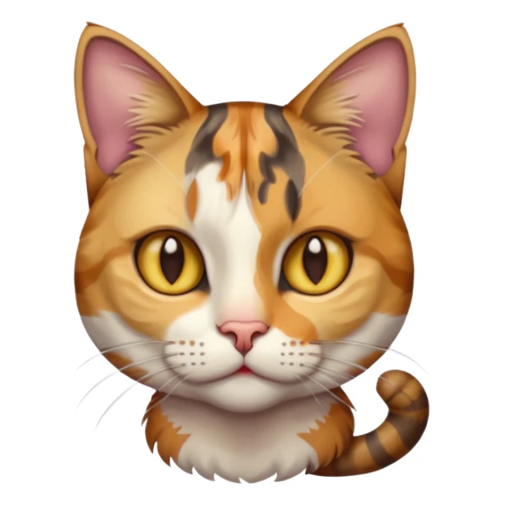 full body anxious looking colourful light calico tabby cat with hazel eyes  and half of face in brown tabby sticker