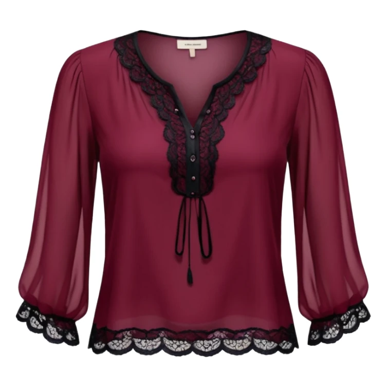  burgundy translucent womens blouse, with black detailed lace
 sticker