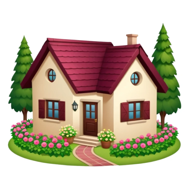 A dacha with a burgundy tiled roof and a garden sticker