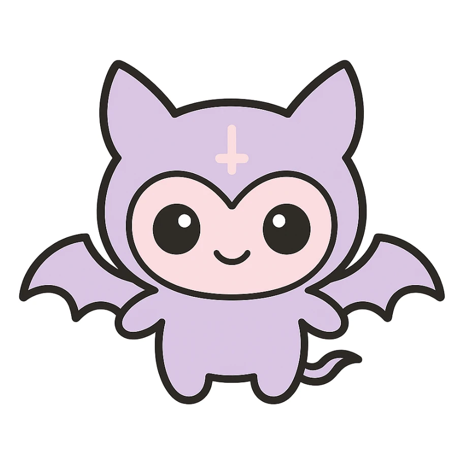 Make the white and black gothic kawaii phone case more minimal, reduce details, keep only one or two simple gothic symbols, big eyes, smiling, playful, cartoonish, no purse references, with no background. sticker