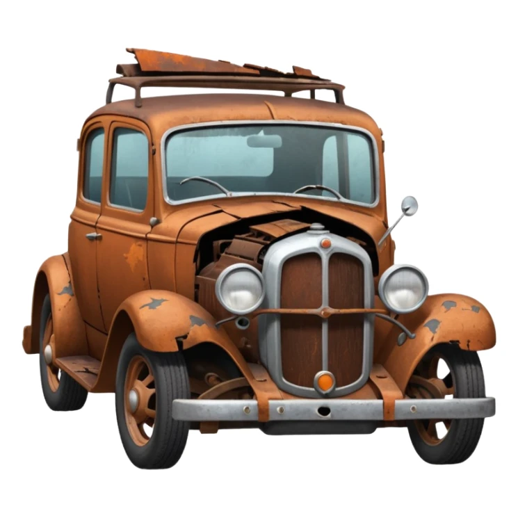 Side view of a broken-down old car with steam from the open bonnet, shattered windows, rusted doors, a flat tire, dents, peeling paint, and a grimy, neglected look. sticker