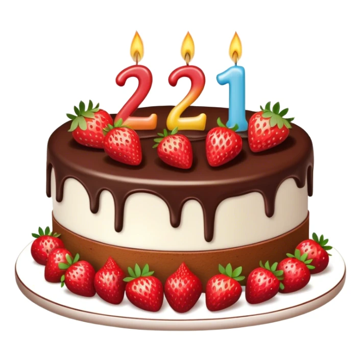 A birthday cake with the number twenty one  on it and the cake is chocolate and straw berries and nice burning candles sticker