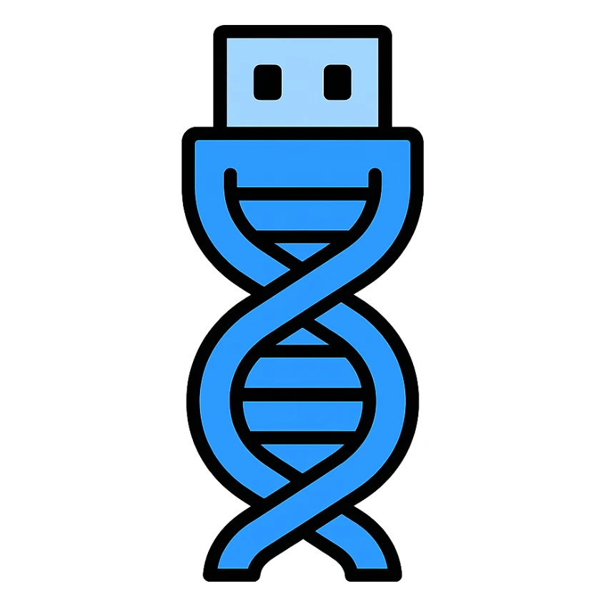 Make the DNA/USB logo icon blue, keep cybernetic and tech-inspired look in color outline style. sticker