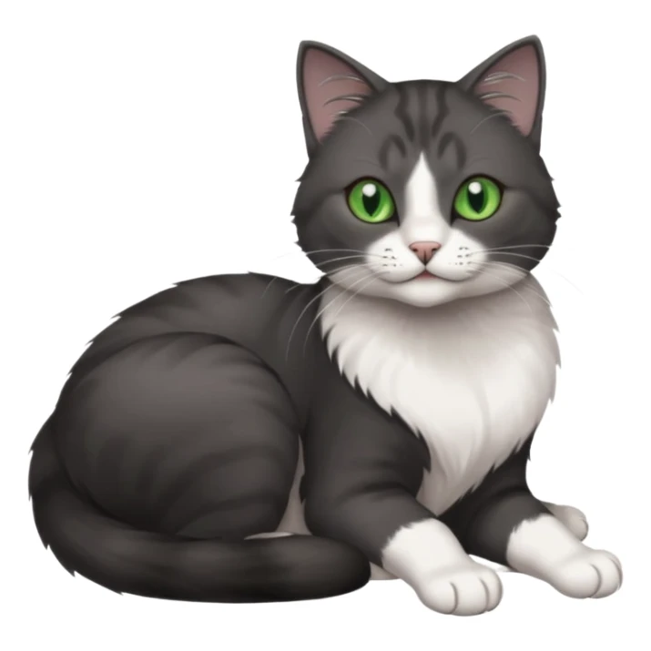 beautiful female solid dark grey cat with green eyes, white toes/paws and white patch on her chest rolling over sticker