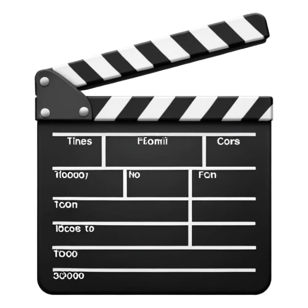 Classic movie clapperboard with traditional black and white striped top part and black base, iOS emoji style sticker
