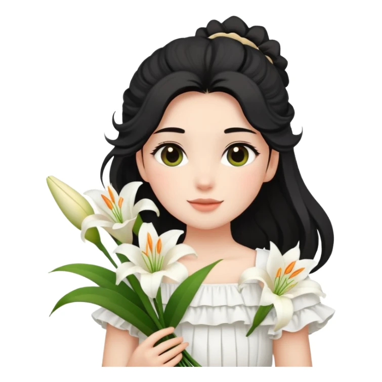  A girl with a black half-up half-down hairstyle, and a white ruffled top, enjoying the spring breeze.Holding a bundle of lily sticker