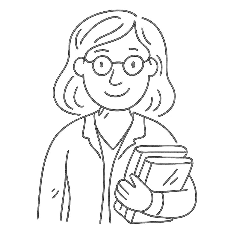 teacher with brown hair holding books, hand-drawn sketch style, expressive face sticker