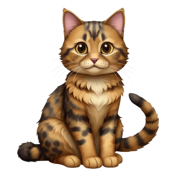 cinematic-[tortoiseshell tabby cat]-realistic-full-body-sitting-emoji,-tail-curled-playfully-around-its-paws,-head-tilted-dramatically,-scruffy-[dark faced tortoiseshell coloured]-fur,-simplified-yet-realistic-focused-features,-highly-detailed,-glowing-with-an-almost-sarcastic-glow sticker