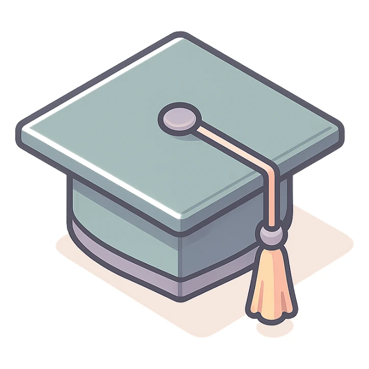 academic graduation cap square with tassel, 2D isometric style, sharper angles, high detail, pronounced shadows and highlights, clean lines, minimalist eastern accent, pastel palette #98B5BC, #B5B3C1, #C9A3C9, #E4C0CA, #F7DCD1, #F7C0AA, transparent background sticker