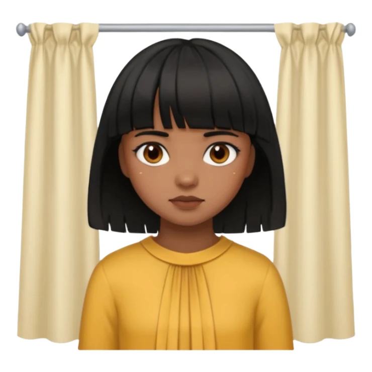 Girl that has a short black hime cut with curtain bangs, then dark brown eyes, and has a bit brown skin sticker