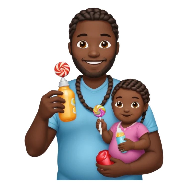 Big black man with braids hold a  baby bottle and a lollipop sticker