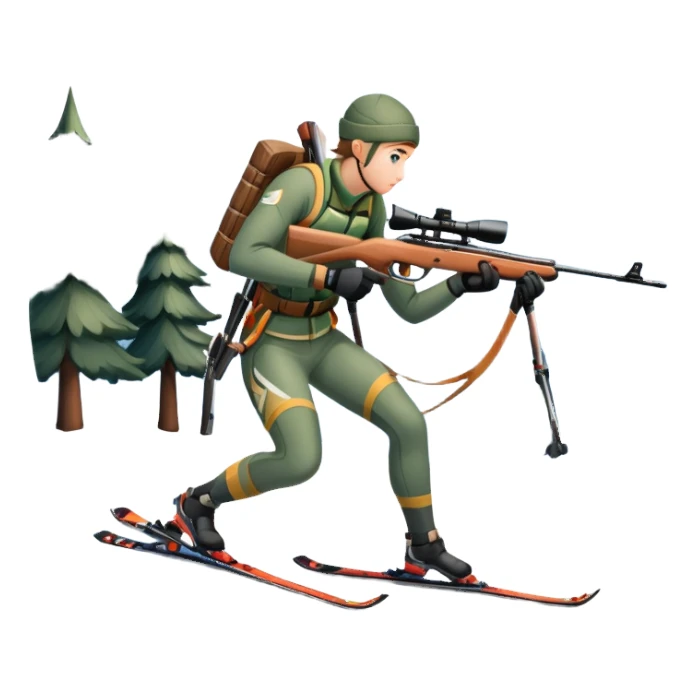 An icon showing a snowy landscape with pine trees, mountains, and a clear sky with a biathlete aiming a rifle in the foreground, wearing winter gear and skis. Transparent background emphasizes the precision, endurance, and beauty of this winter sport. sticker