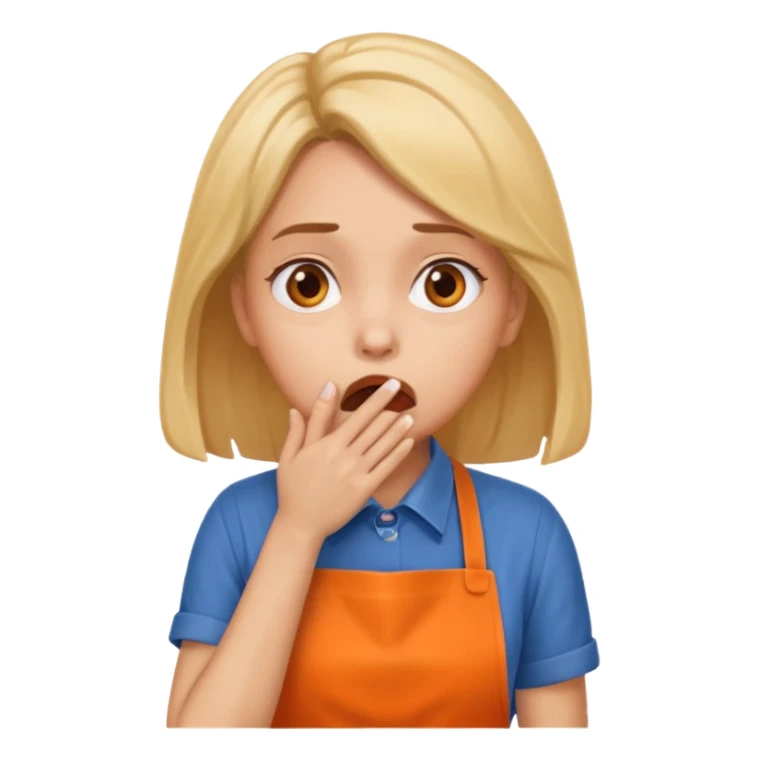 scared woman with her hands on her mouth, more details, sideways pose, orange apron sticker