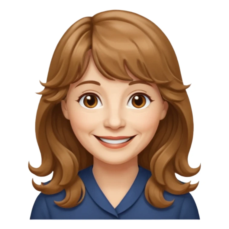 60 yr old woman, small brown eyes, long wavy light brown hair, bangs,  sticker