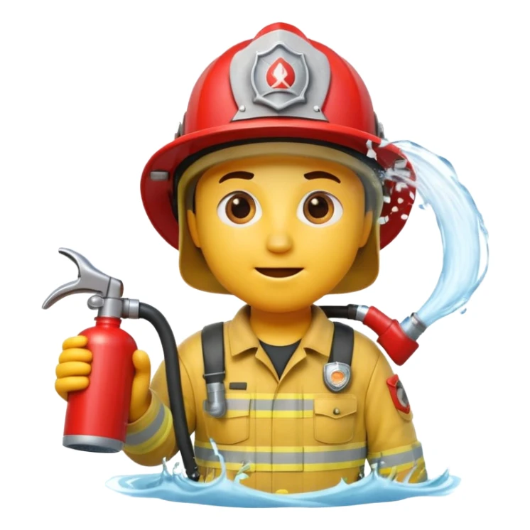 A 3D Apple-style yellow emoji character dressed as a firefighter in a bright red uniform and helmet, holding a fire hose spraying water forward, determined expression with cartoonish eyes, water splashing effect, clean minimal background sticker