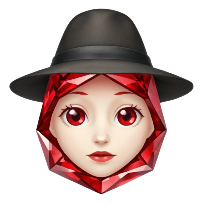 A single red crystal gemstone character wearing hat,  irregular with faceted very sharp sides,, , high detail, sticker