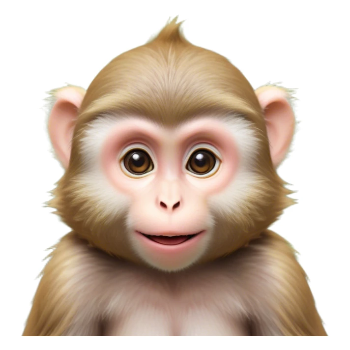 Cinematic Cute Macaque Portrait Emoji, Head tilted playfully and inquisitively, with a charmingly mischievous face accented by soft, fuzzy fur and round, sparkling eyes filled with curiosity, Simplified yet irresistibly adorable features, highly detailed, glowing with a warm, friendly glow, high shine, affectionate and lively, stylized with a touch of primate whimsy, bright and endearing, soft glowing outline, capturing the essence of a playful macaque that seems as if it could jump out of the screen into your arms! sticker