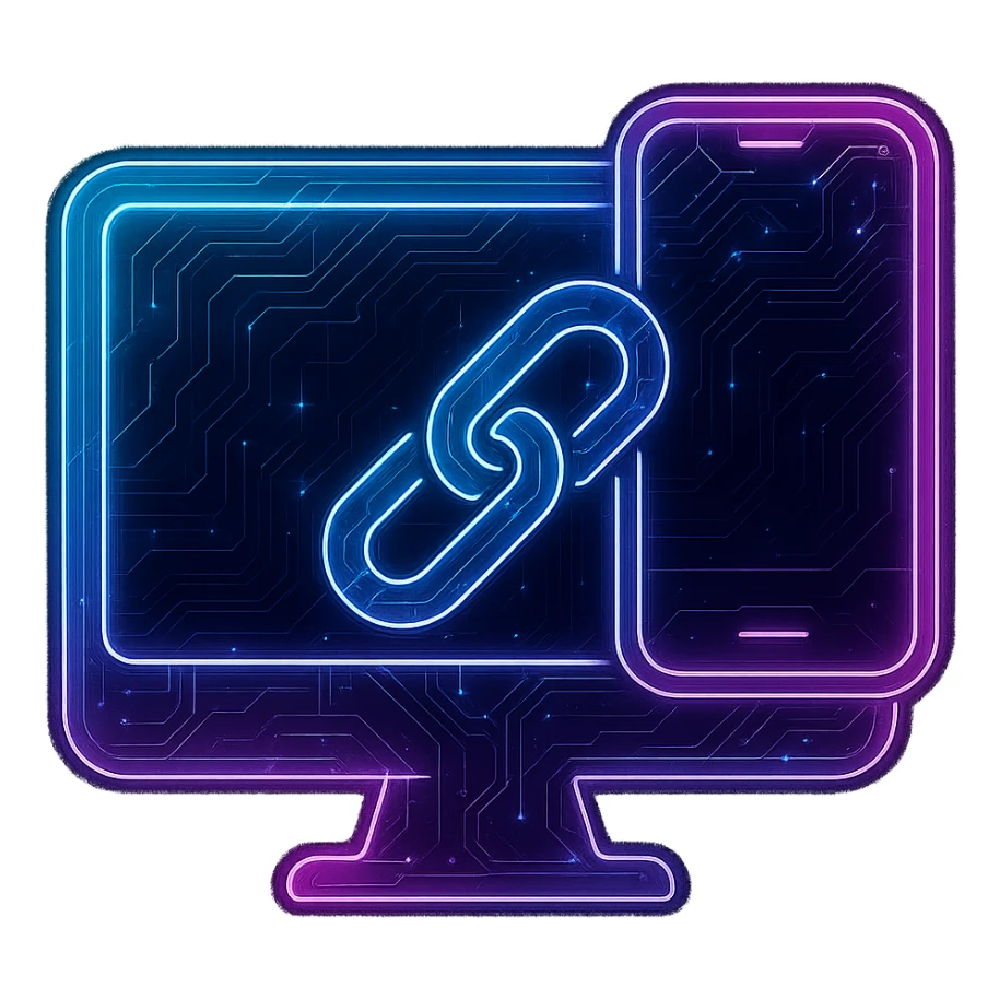 Create a 'PC phone link' icon in a cyberpunk, holographic style with glowing neon blue and pink edges, circuit patterns throughout, and a transparent background. The icon should feature a stylized computer monitor and a smartphone connected by a glowing, futuristic link or chain, all in a flat, clean, and futuristic cyberpunk look. The design should be visually balanced and clearly communicate the concept of linking a PC and a phone, matching the style of the previous cyberpunk icons. sticker