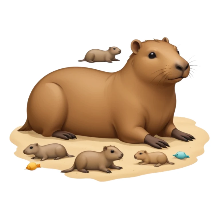a capybara with a seal laying on a peaceful beach with other capybaras close by sticker