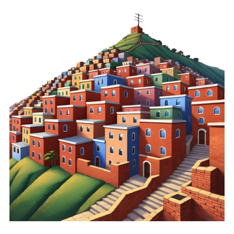 Urban Peruvian hillside neighborhood, brick houses stacked on steep hills, unfinished red brick buildings, colorful painted facades, narrow stairways, electric cables crossing the sky, sunset lighting, realistic style, cinematic, high detail in the desert sticker