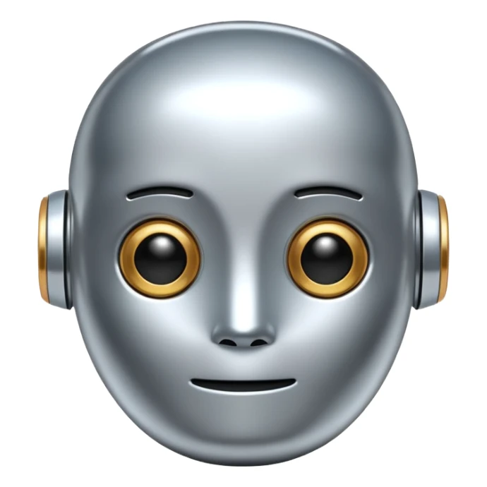 A cute futuristic robot emoji made of silver chrome, rounded friendly body, minimal facial features, glossy metallic surface, soft reflections, iOS emoji style, centered, clean white background sticker